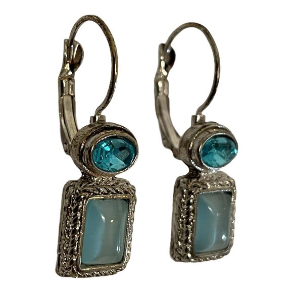 Vintage Women Silver Drop Earrings With Blue & Aqua Stones Leverback Closures - Picture 6 of 6